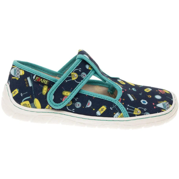Fare Bare Slippers Blue Robots - Zapatillas de casa barefoot infantiles azules con estampado de robots