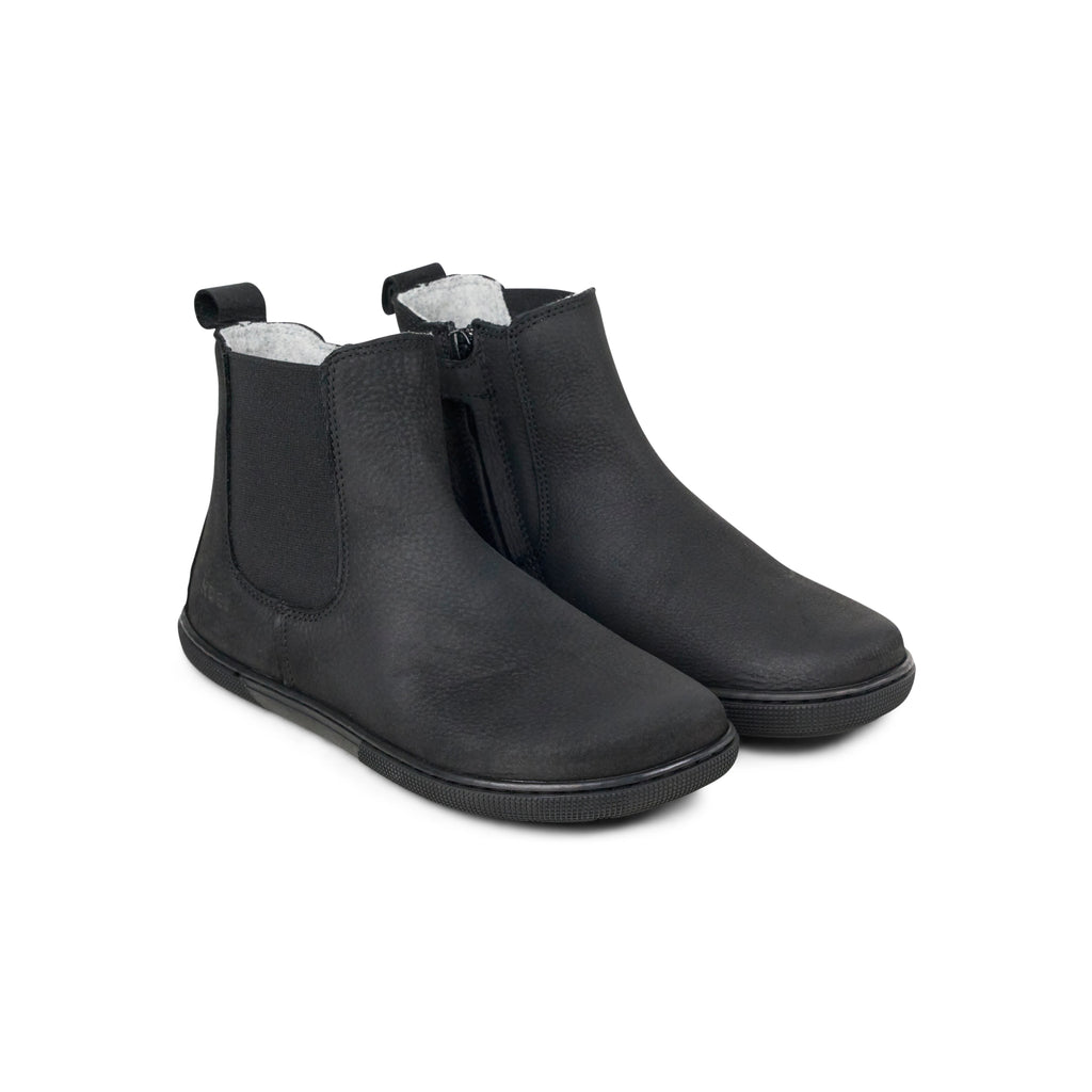 Koel Filas Merino Black - Botines Chelsea barefoot de cuero con forro de lana negros