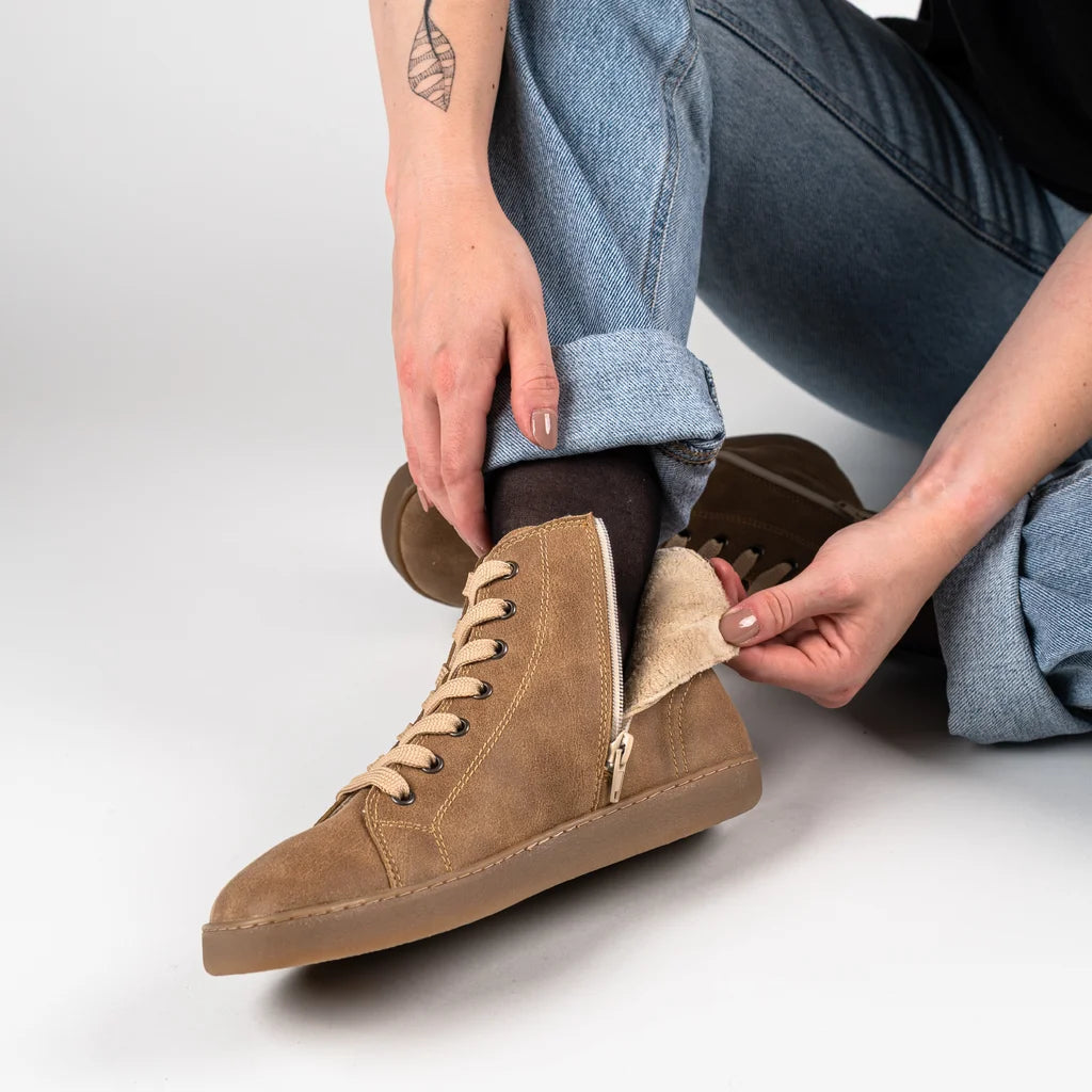 Bohempia Alex Tobacco Brown - Botines barefoot veganos con forro invernal marrones