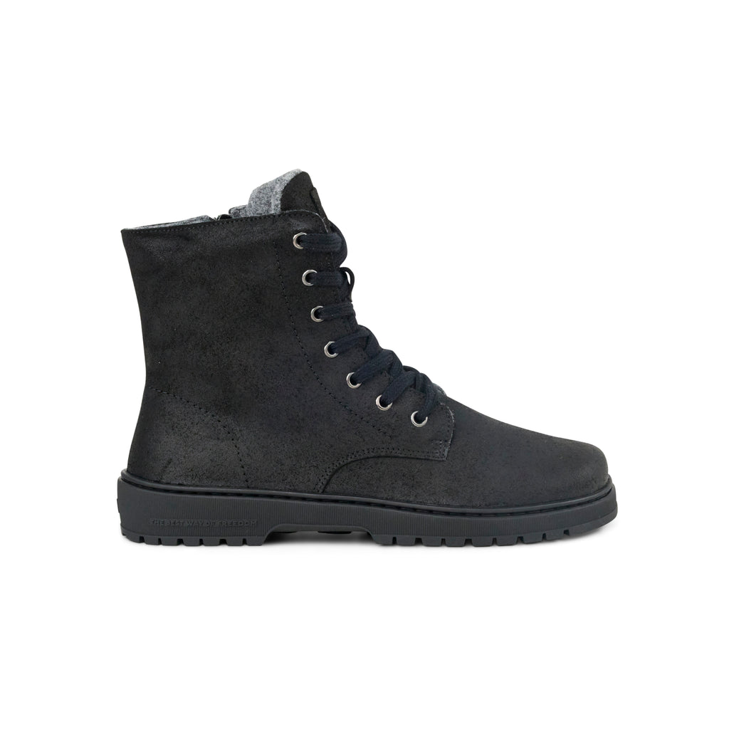 Koel Galyon Felt Black - Botas barefoot calientes estilo chunky de cordones negras