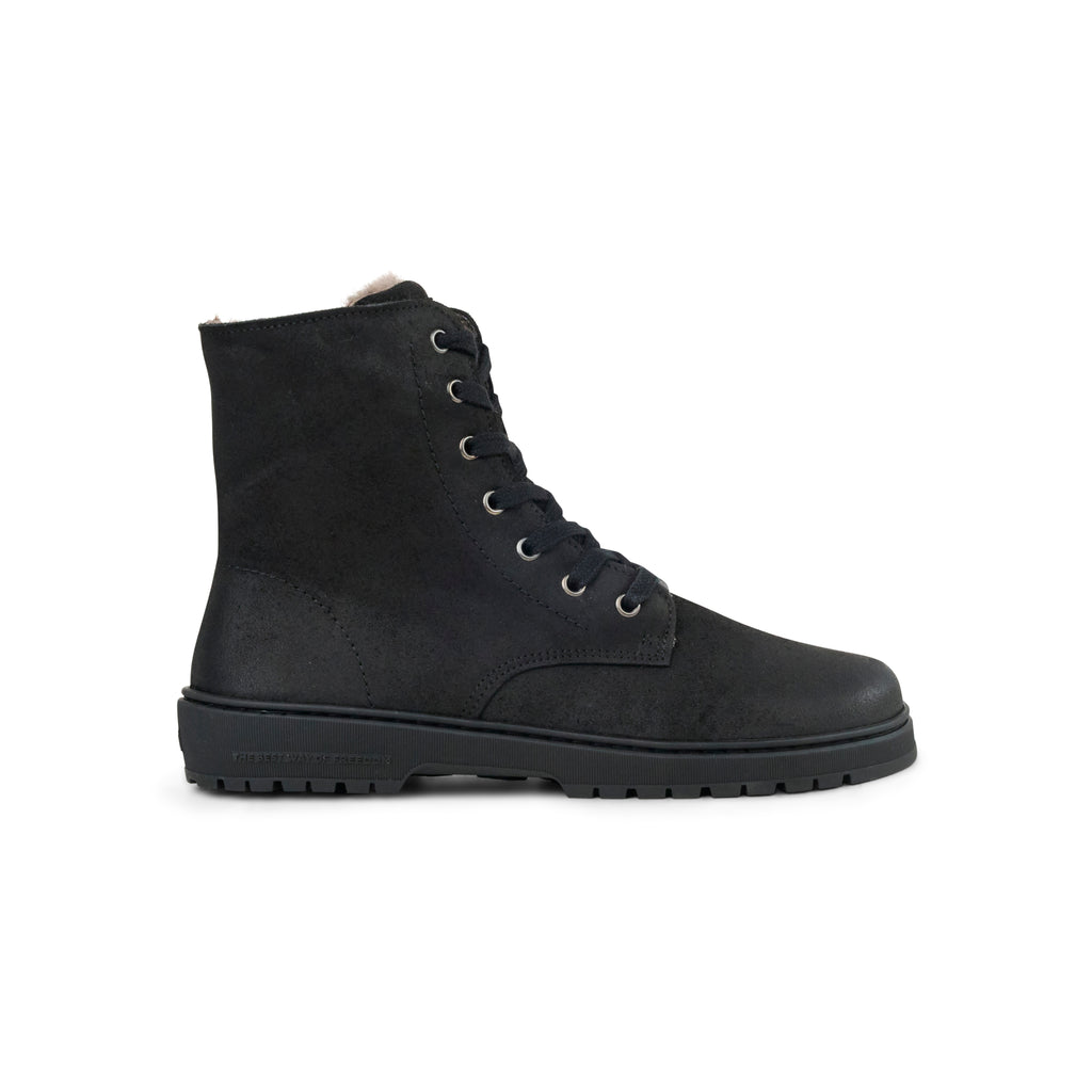 Koel Galyon Wool Black - Botas barefoot calientes estilo chunky de cordones negras