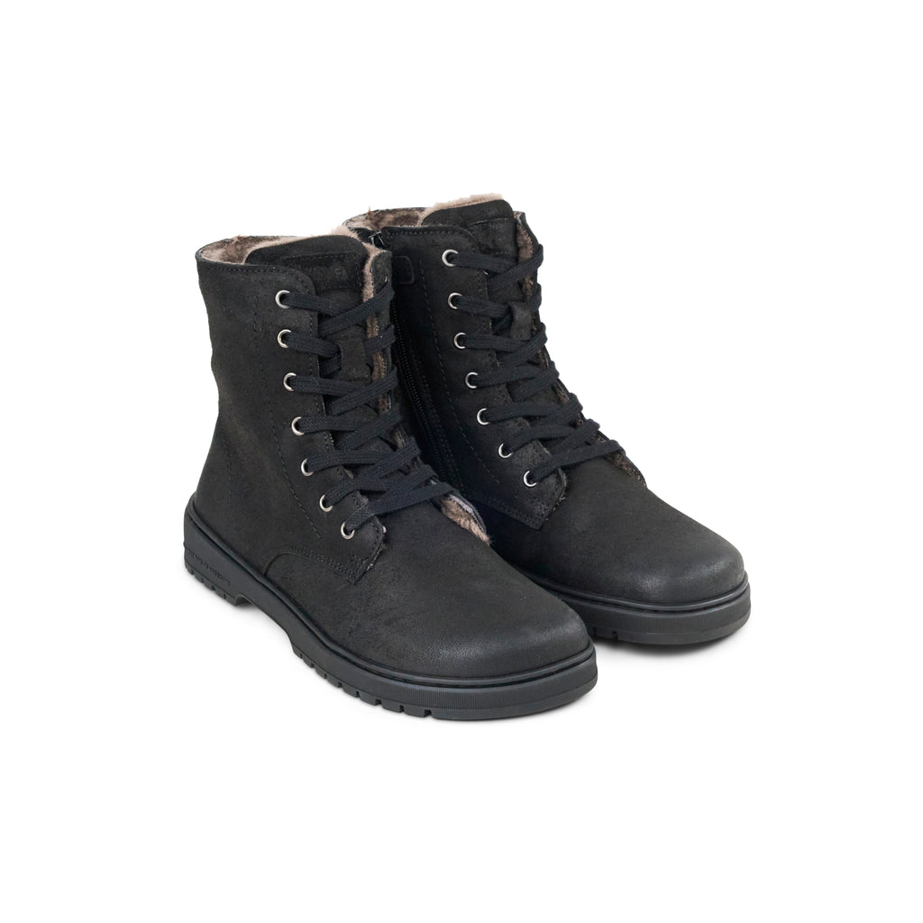 Koel Galyon Wool Black - Botas barefoot calientes estilo chunky de cordones negras