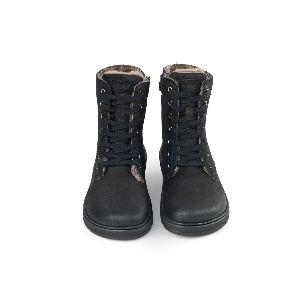 Koel Galyon Wool Black - Botas barefoot calientes estilo chunky de cordones negras