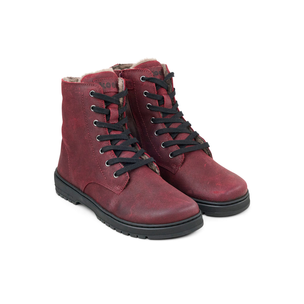 Koel Galyon Wool Bordo - Botas barefoot calientes estilo chunky de cordones burdeos