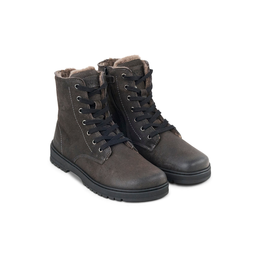 Koel Galyon Wool Dark Grey - Botas barefoot calientes estilo chunky de cordones gris oscuro