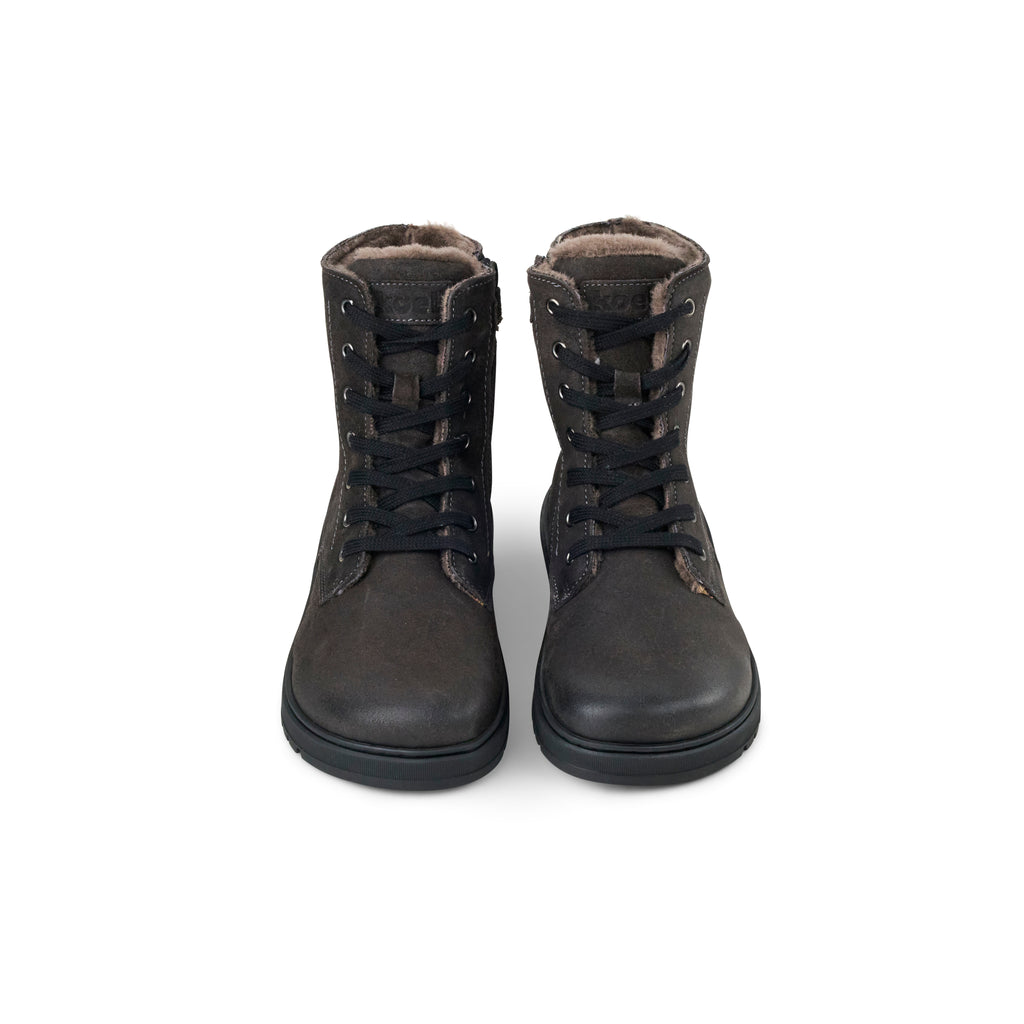 Koel Galyon Wool Dark Grey - Botas barefoot calientes estilo chunky de cordones gris oscuro