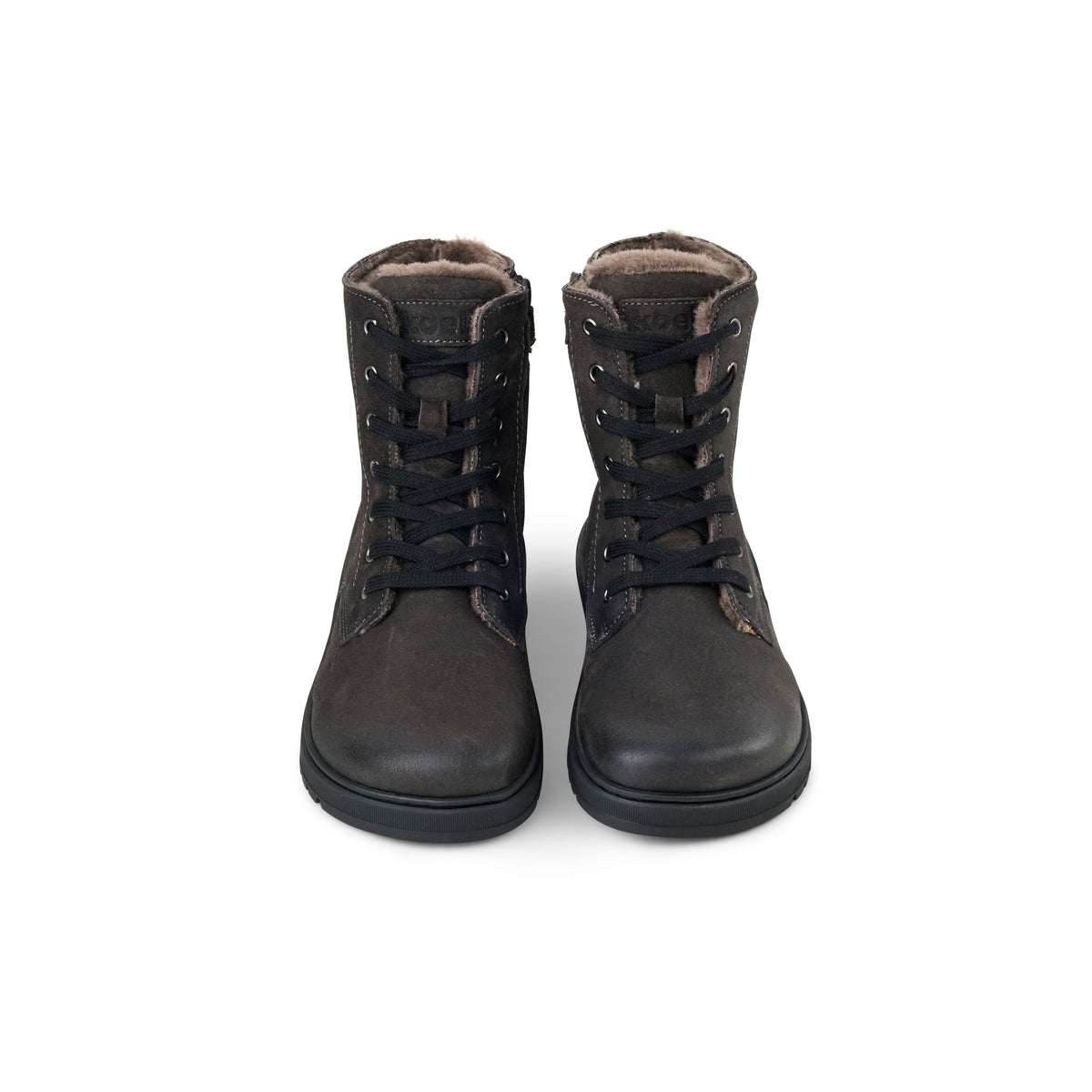 Koel Galyon Wool Dark Grey - Botas barefoot calientes estilo chunky de cordones gris oscuro