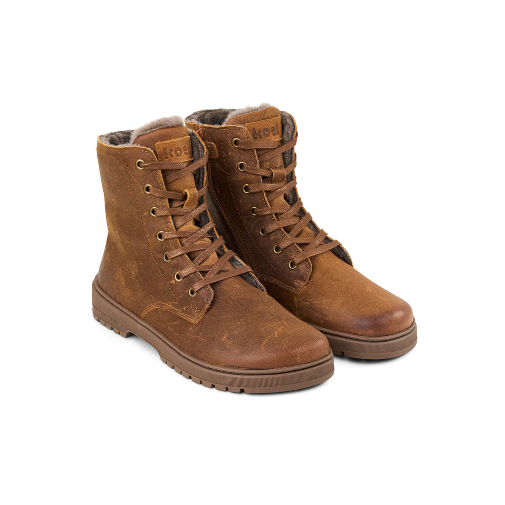Koel Galyon Wool Taupe - Botas barefoot calientes estilo chunky de cordones marrones