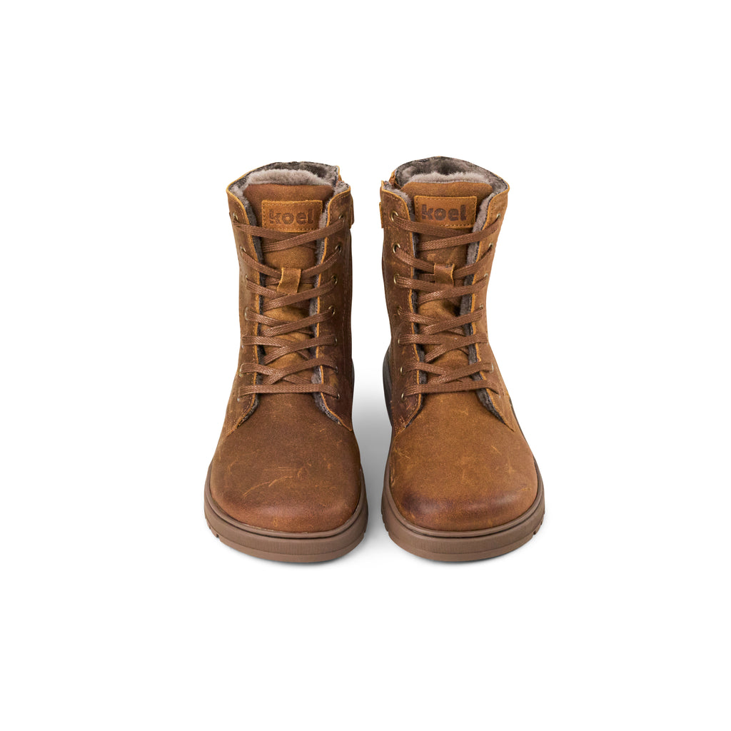 Koel Galyon Wool Taupe - Botas barefoot calientes estilo chunky de cordones marrones