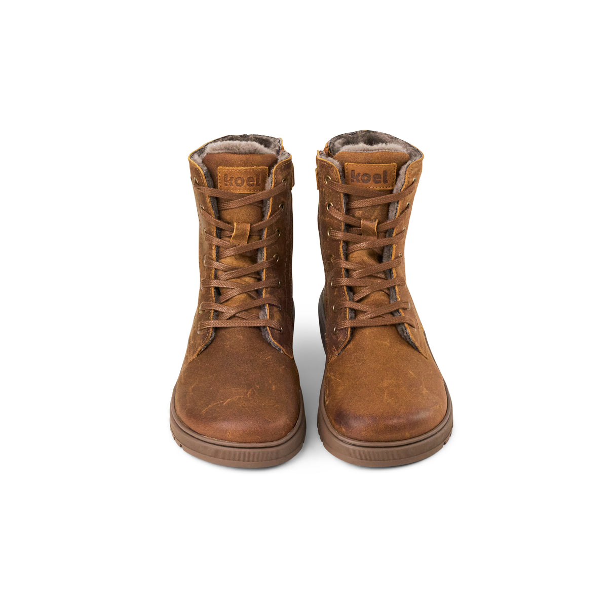 Koel Galyon Wool Taupe - Botas barefoot calientes estilo chunky de cordones marrones