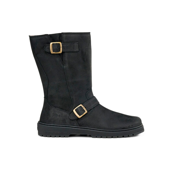 Koel Gyn Suede Felt Black - Bota motera barefoot con hebillas para mujer color negro