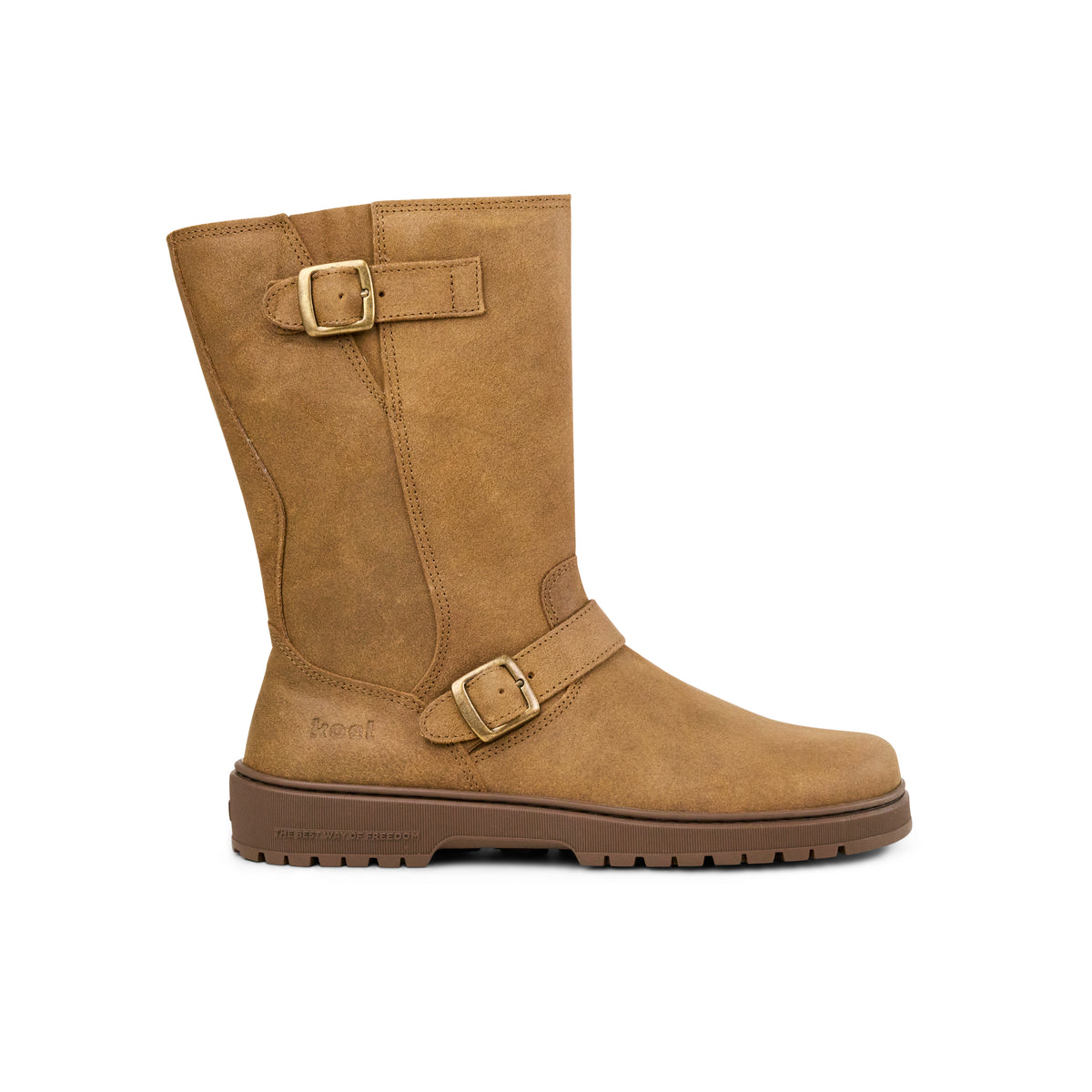 Koel Gyn Suede Felt Cognac - Bota motera barefoot con hebillas para mujer color marrón claro