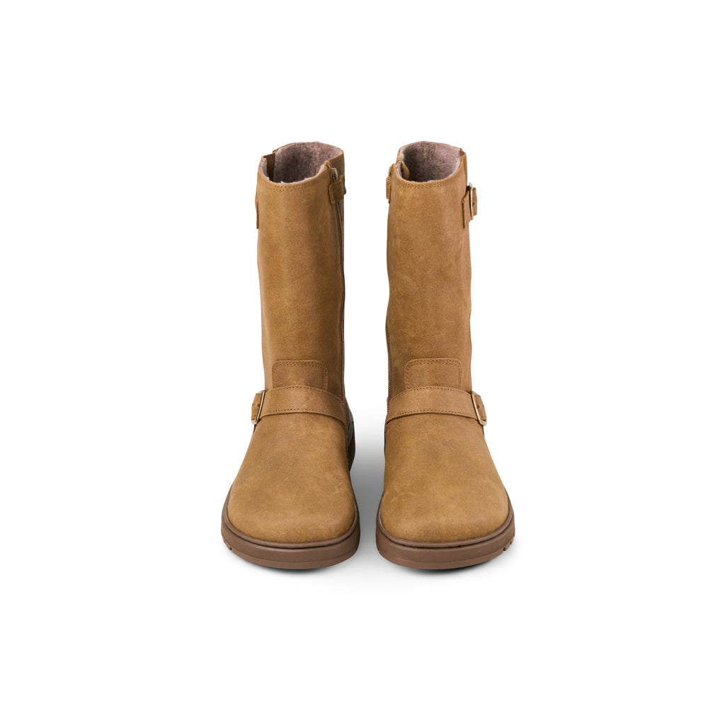 Koel Gyn Suede Felt Cognac - Bota motera barefoot con hebillas para mujer color marrón claro