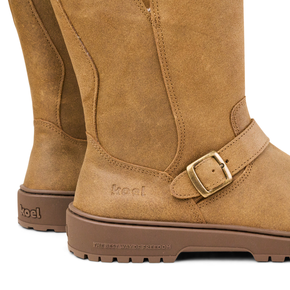 Koel Gyn Suede Felt Cognac - Bota motera barefoot con hebillas para mujer color marrón claro