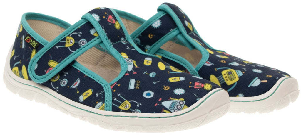 Fare Bare Slippers Blue Robots - Zapatillas de casa barefoot infantiles azules con estampado de robots