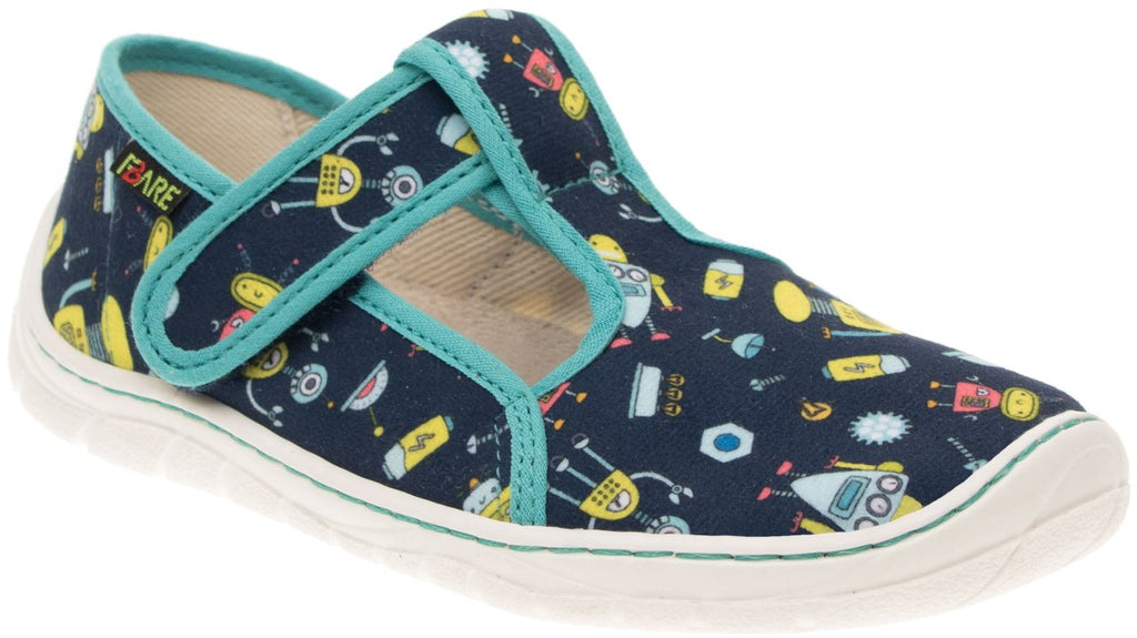 Fare Bare Slippers Blue Robots - Zapatillas de casa barefoot infantiles azules con estampado de robots