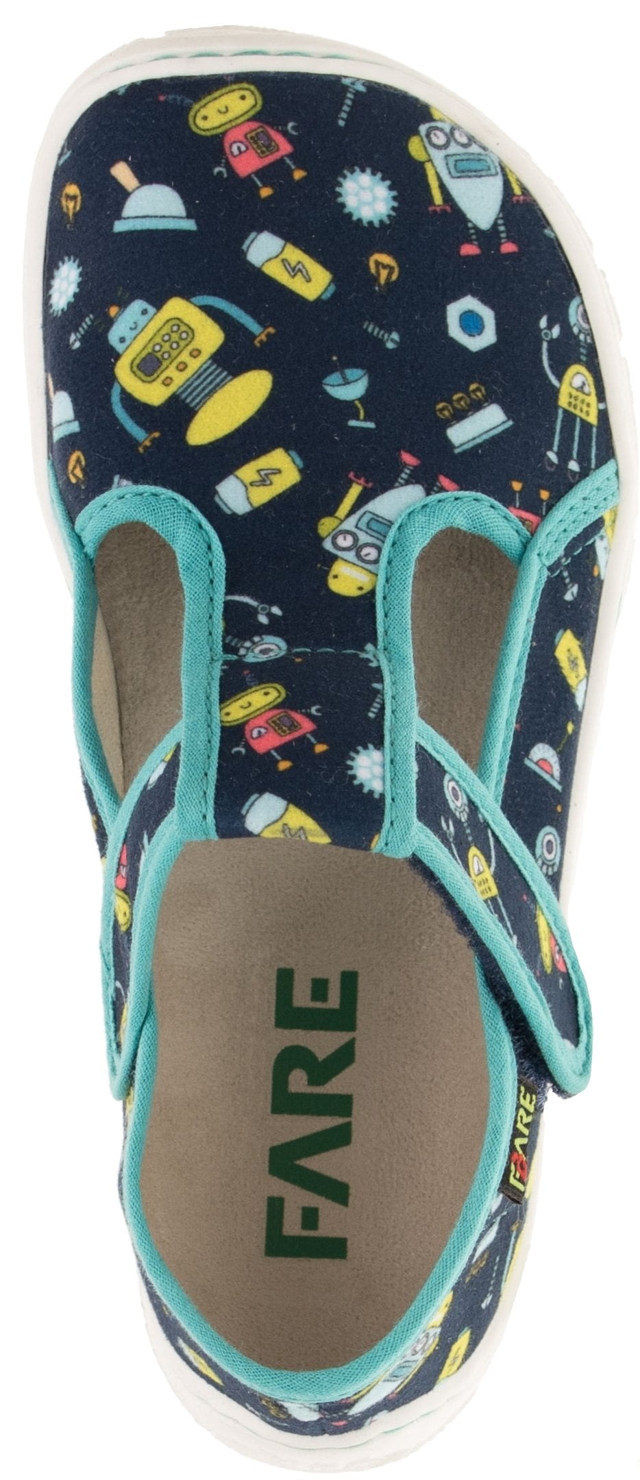Fare Bare Slippers Blue Robots - Zapatillas de casa barefoot infantiles azules con estampado de robots