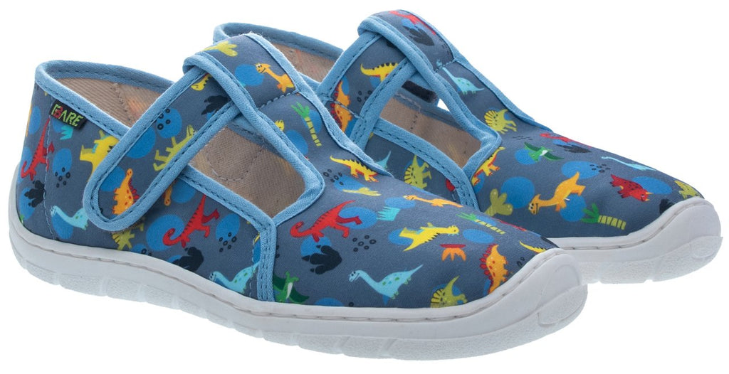 Fare Bare Slippers Blue Dino - Zapatillas de casa barefoot infantiles azules con estampado de dinosaurios