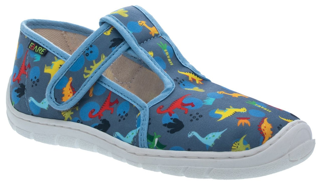 Fare Bare Slippers Blue Dino - Zapatillas de casa barefoot infantiles azules con estampado de dinosaurios