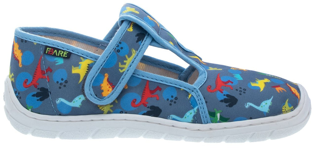 Fare Bare Slippers Blue Dino - Zapatillas de casa barefoot infantiles azules con estampado de dinosaurios