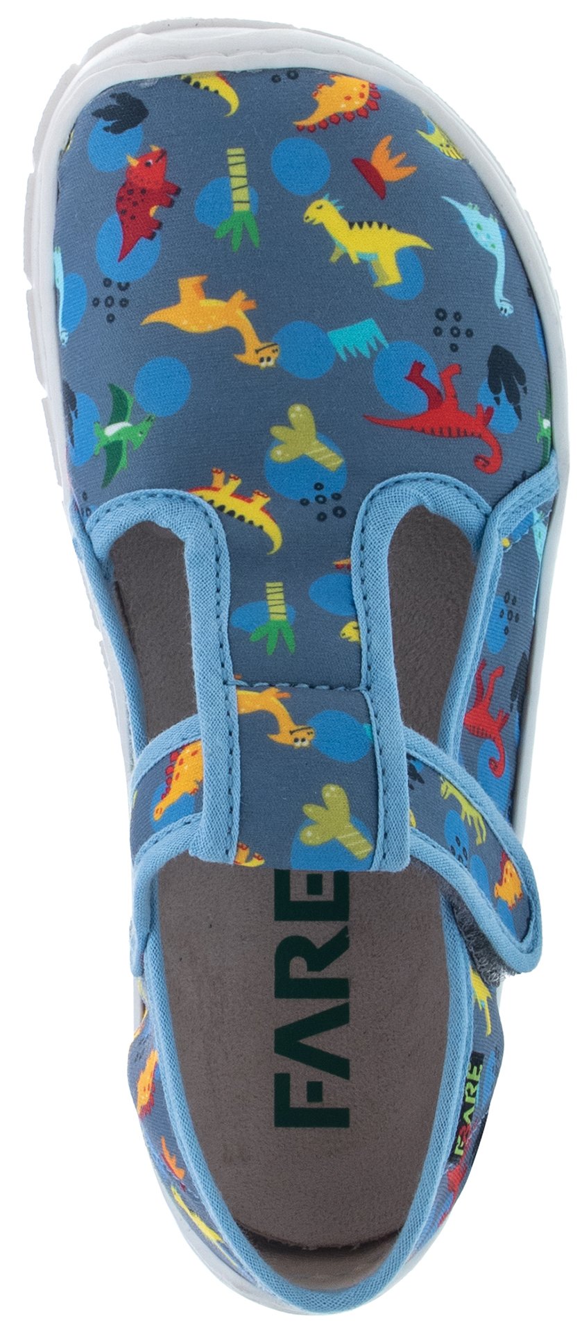 Fare Bare Slippers Blue Dino - Zapatillas de casa barefoot infantiles azules con estampado de dinosaurios