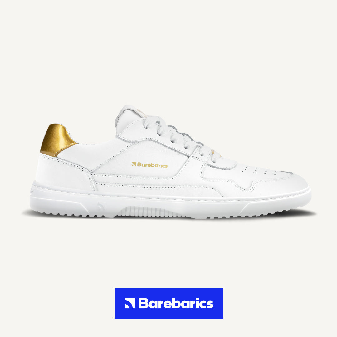 Barebarics - Zing White & Gold Leather- Deportivas barefoot-Barebarics-Cacles Barefoot-Tienda de calzado barefoot respetuoso minimalista