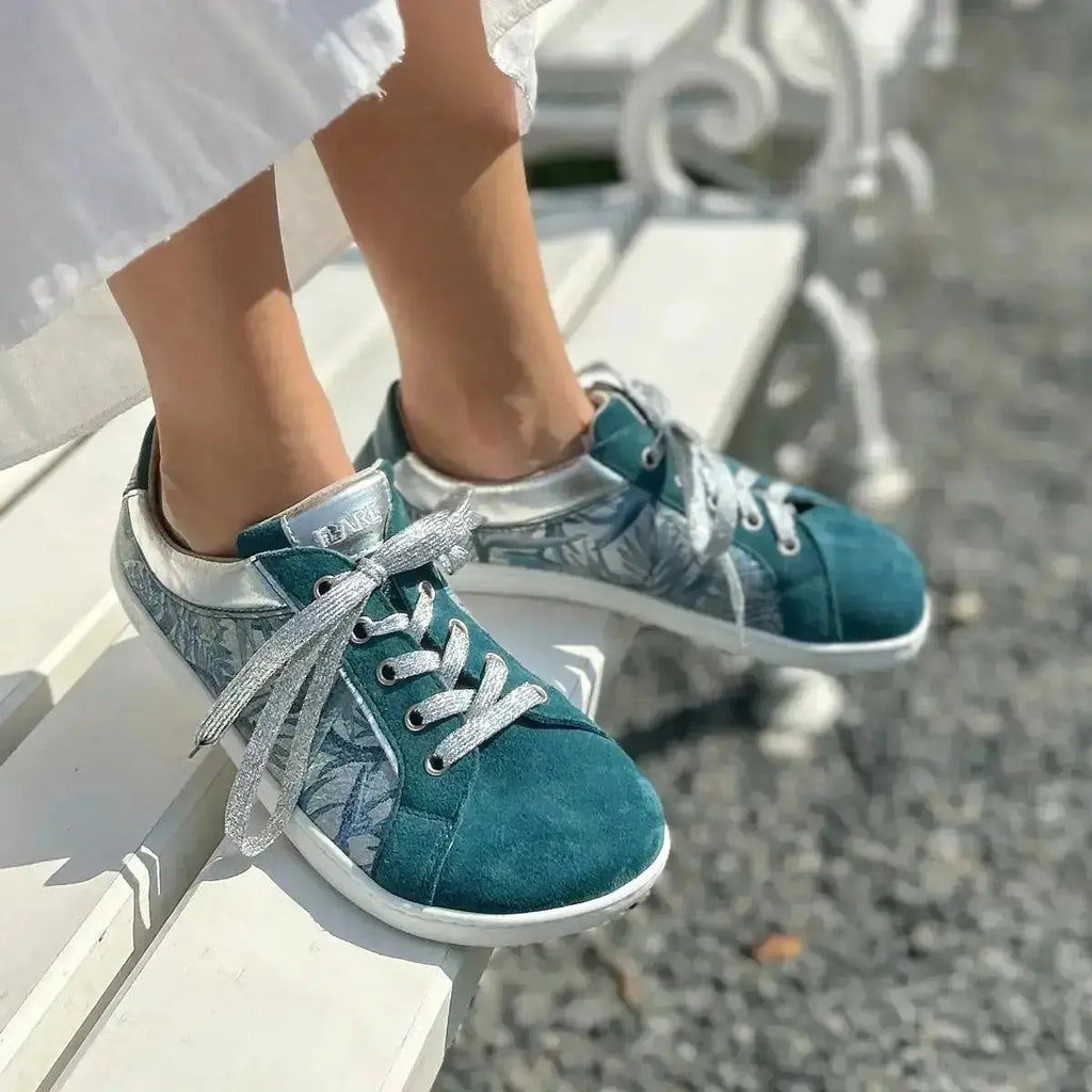Fare Bare - Elegant Petrol Flower - Deportivas barefoot de piel