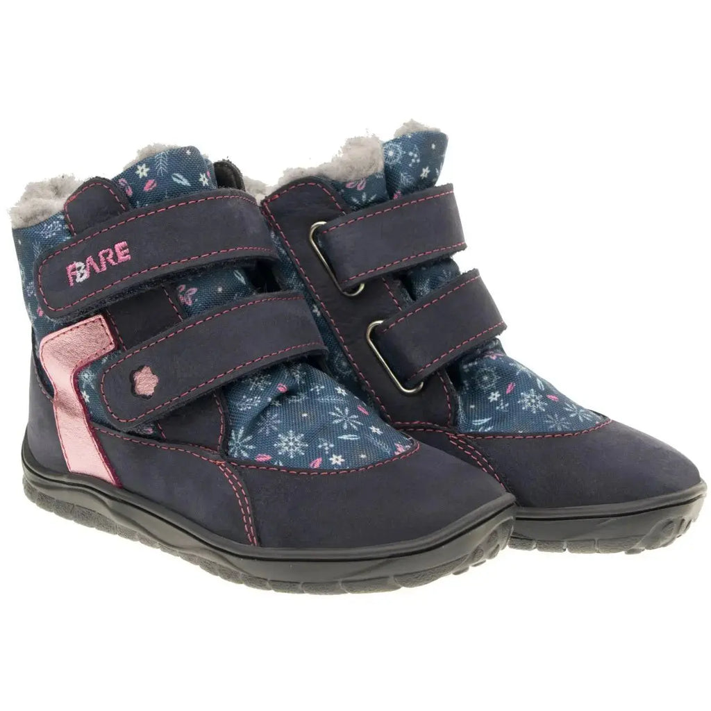 Fare Bare Kids - Frostky Hiver Imperméable Bleu/Rose - Bottines barefoot imperméables avec doublure hivernale