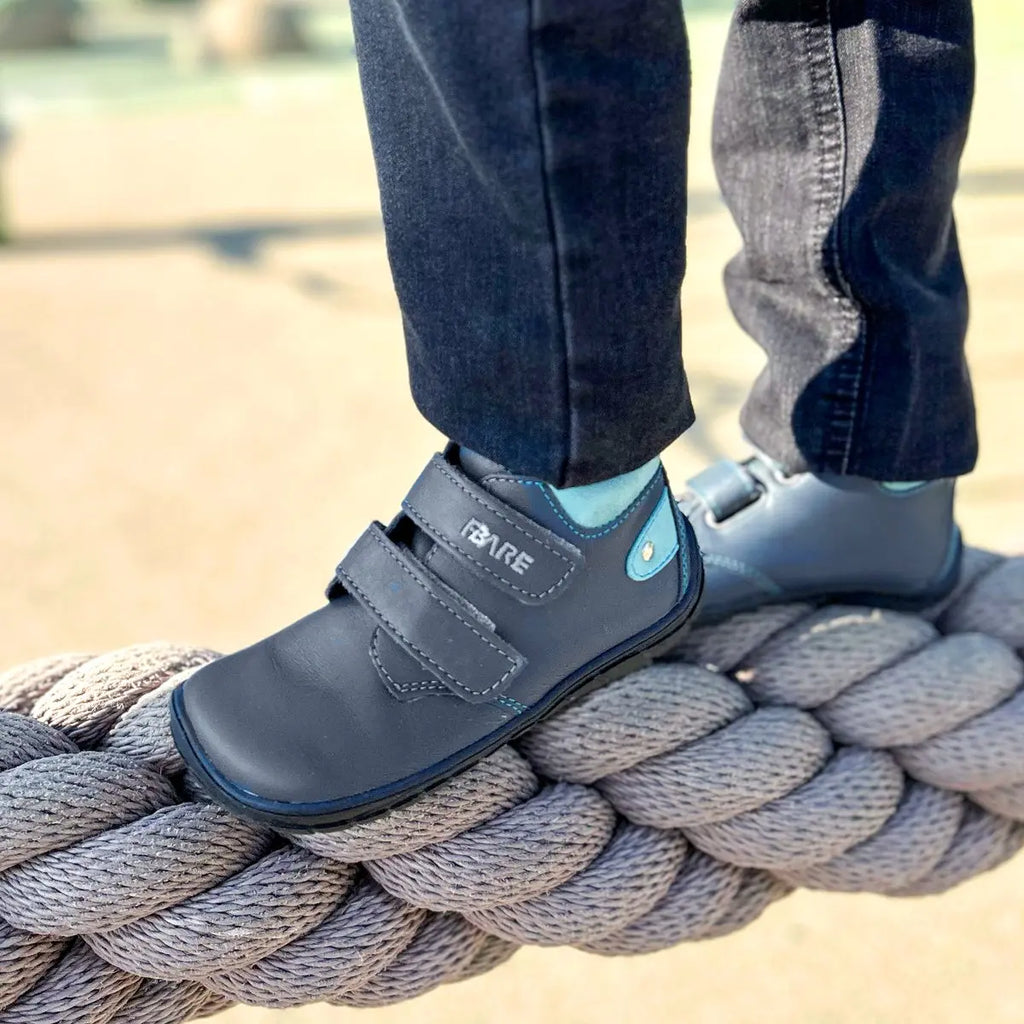Fare Bare Kids Holeby Blue - Botines barefoot infantiles otoñales de cuero azul marino  Cacles Barefoot