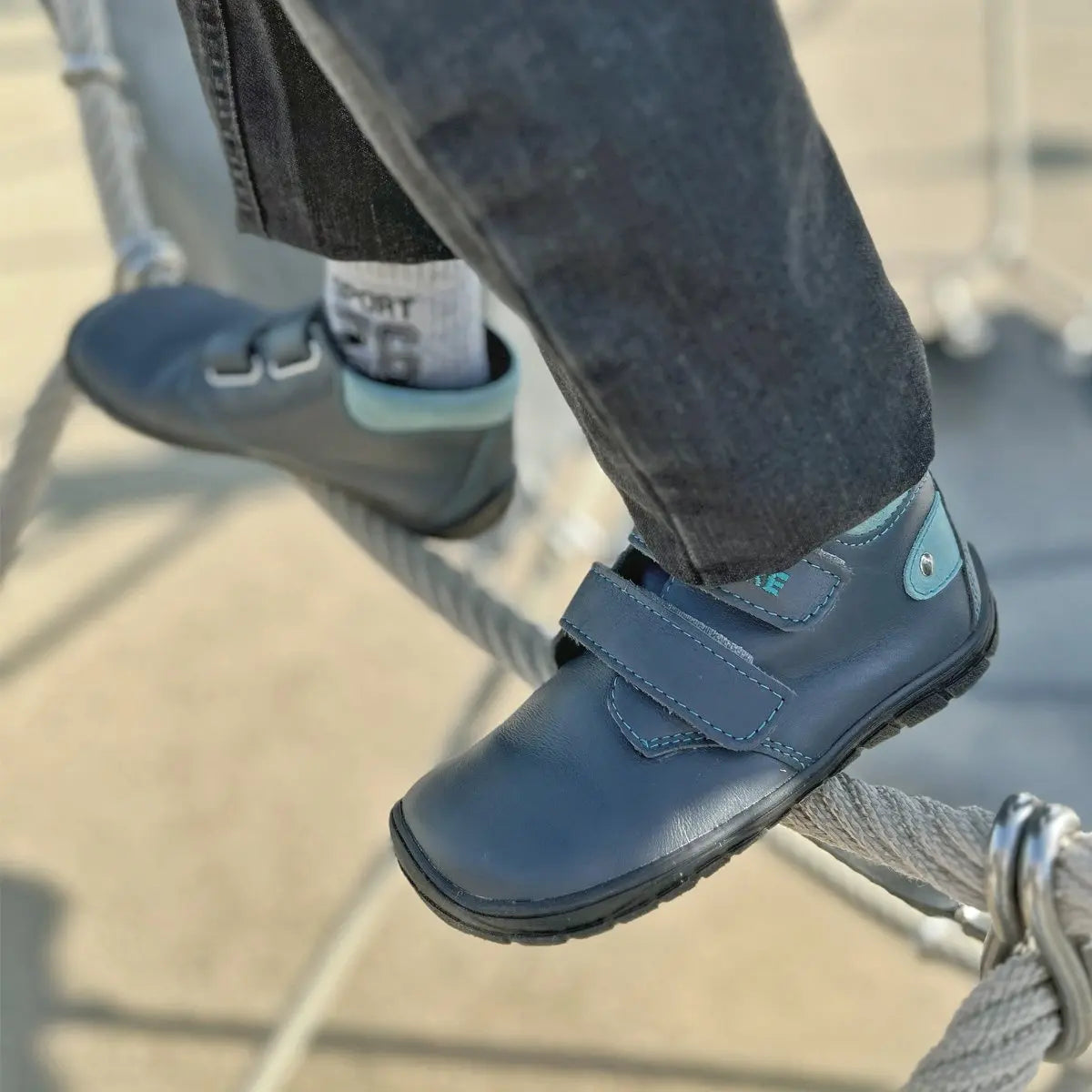 Fare Bare Kids Holeby Blue - Botines barefoot infantiles otoñales de cuero azul marino  Cacles Barefoot