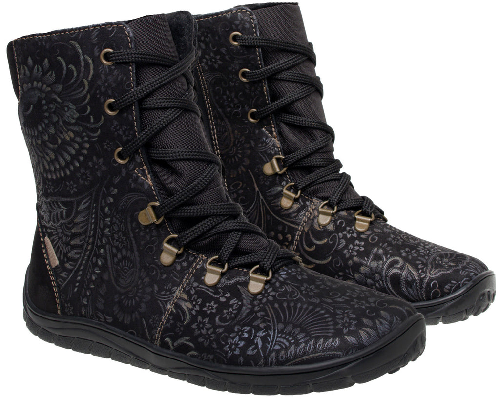 Fare Bare Norry Winter Black Nature Ltd. Edition - Botas barefoot impermeables calientes negras con estampado floral