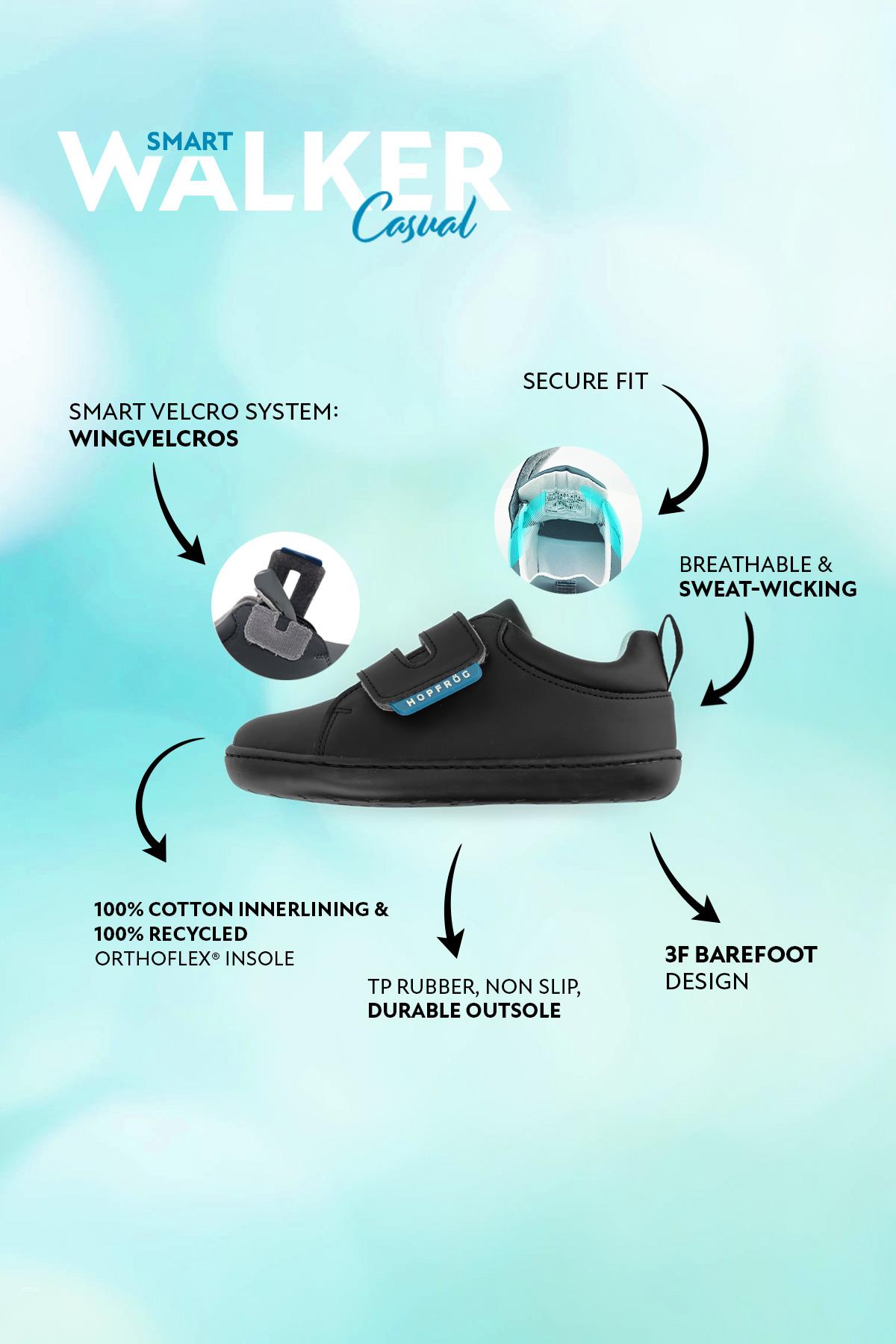 Hopfrög Kids - Smart Walker Casual Super Matte Black - zapatos colegiales barefoot univelcro