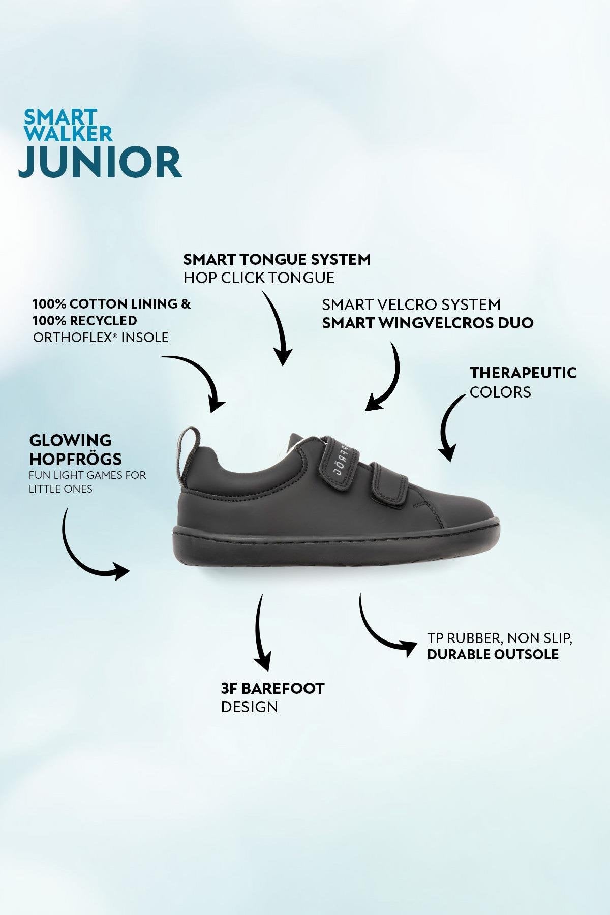 Hopfrög Kids - Smart Walker Junior Super Matte Black - zapatos colegiales barefoot