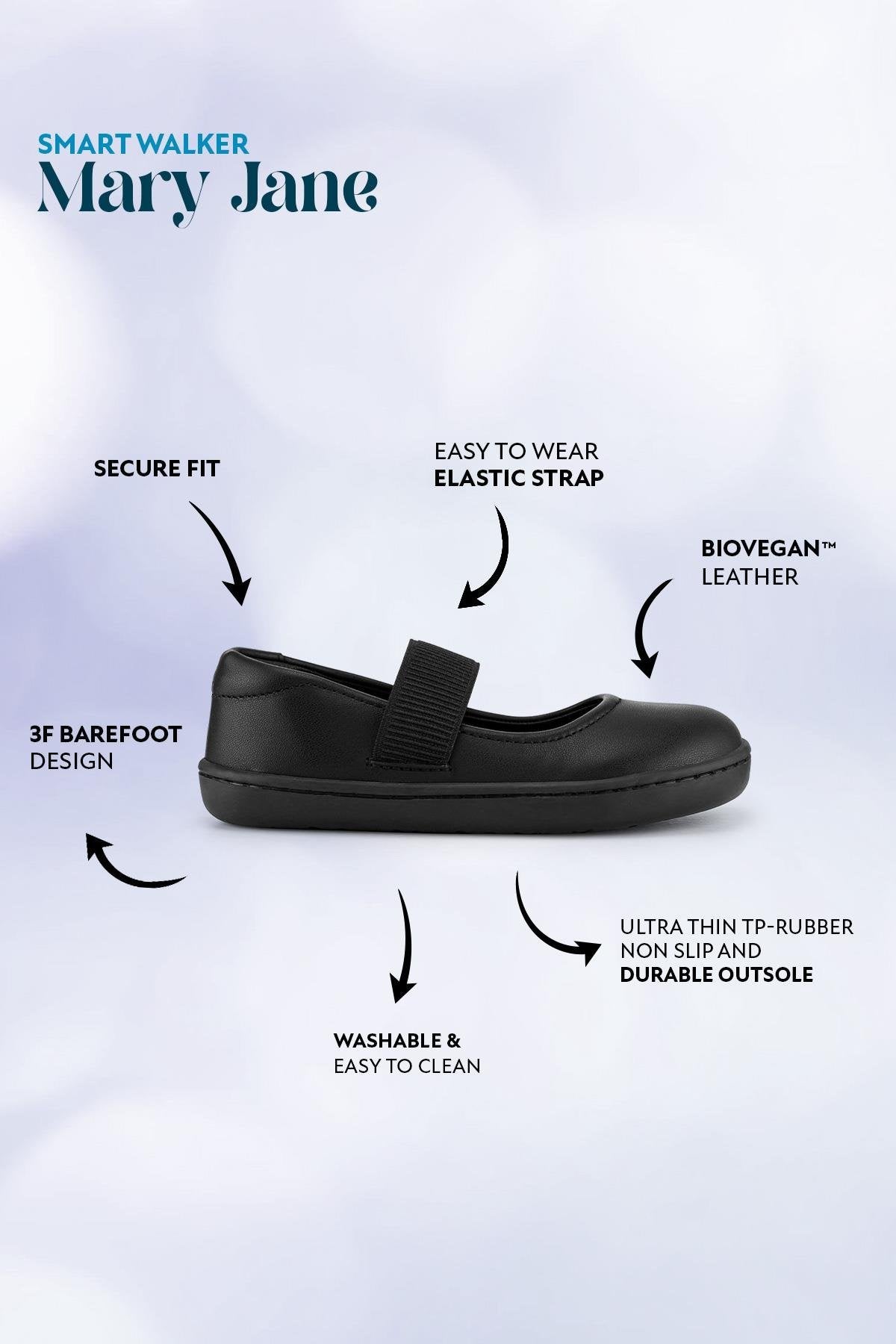 Hopfrög Kids - Smart Walker Mary Jane Black - merceditas colegiales barefoot