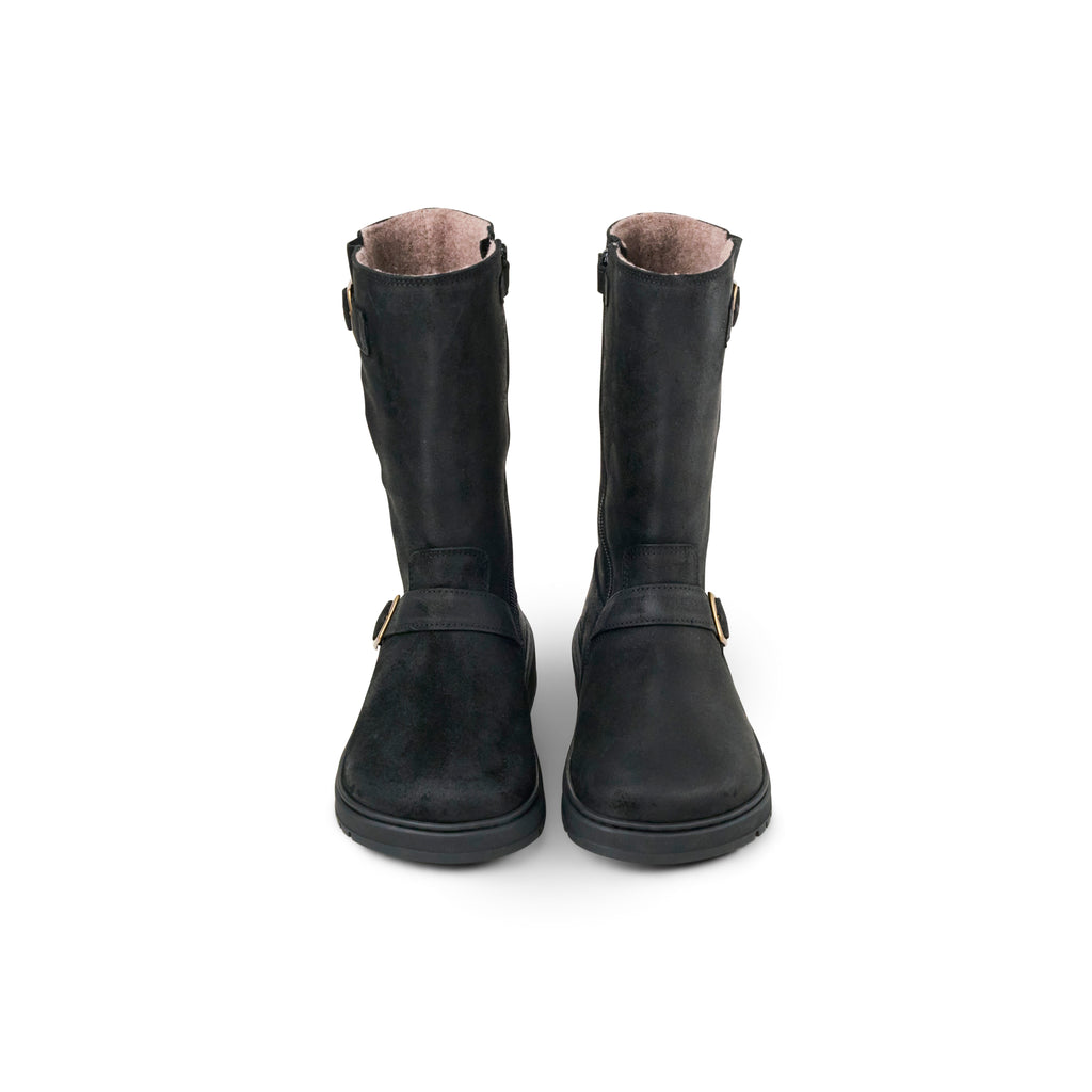 Koel Gyn Suede Felt Black - Bota motera barefoot con hebillas para mujer color negro