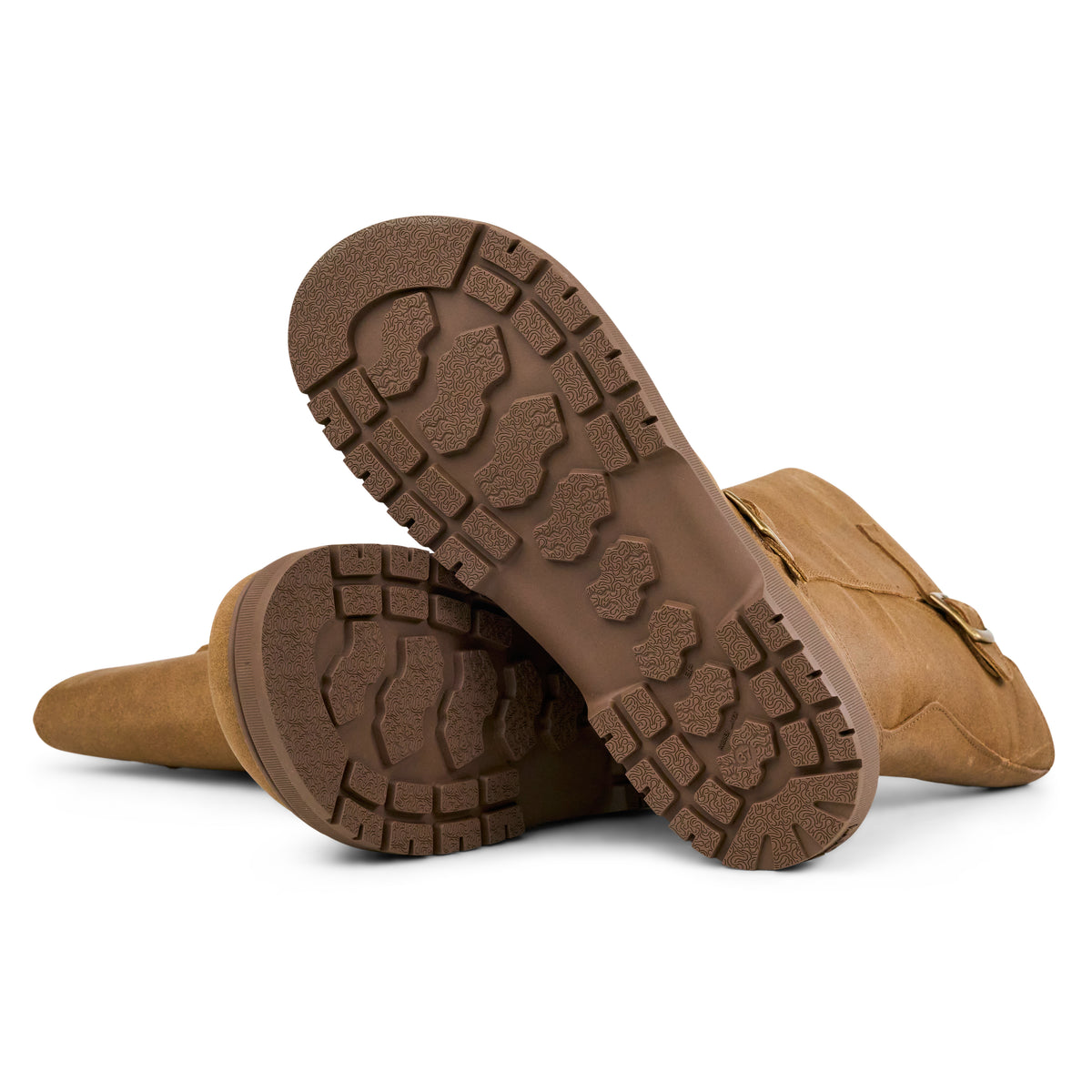 Koel Gyn Suede Felt Cognac - Bota motera barefoot con hebillas para mujer color marrón claro