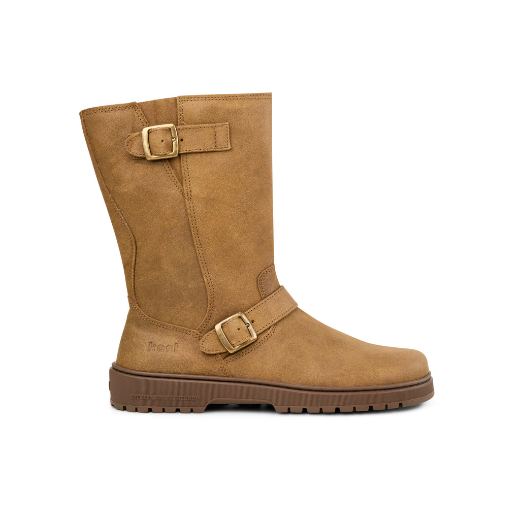 Koel Gyn Suede Felt Cognac - Bota motera barefoot con hebillas para mujer color marrón claro