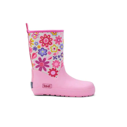 Koel4kids - Neoprene Wellie '25 Fuchsia Flowers - botas de lluvia barefoot con neopreno - Cacles Barefoot
