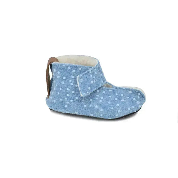 Omaking Kaku blue with dots - zapatillas de casa respetuosas infantiles calientes de lana azules