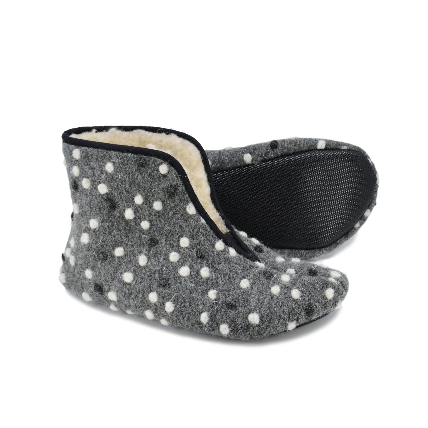 Omaking - Trolla Grey Dots - zapatillas de casa barefoot de lana-Oma King-Cacles Barefoot-Tienda de calzado barefoot respetuoso minimalista