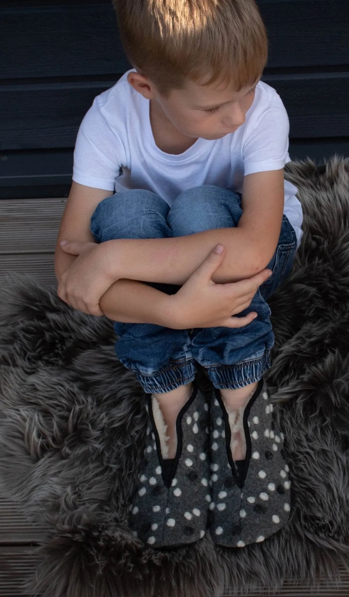 Omaking - Trolla Kids Grey Dots - zapatillas de casa barefoot de lana