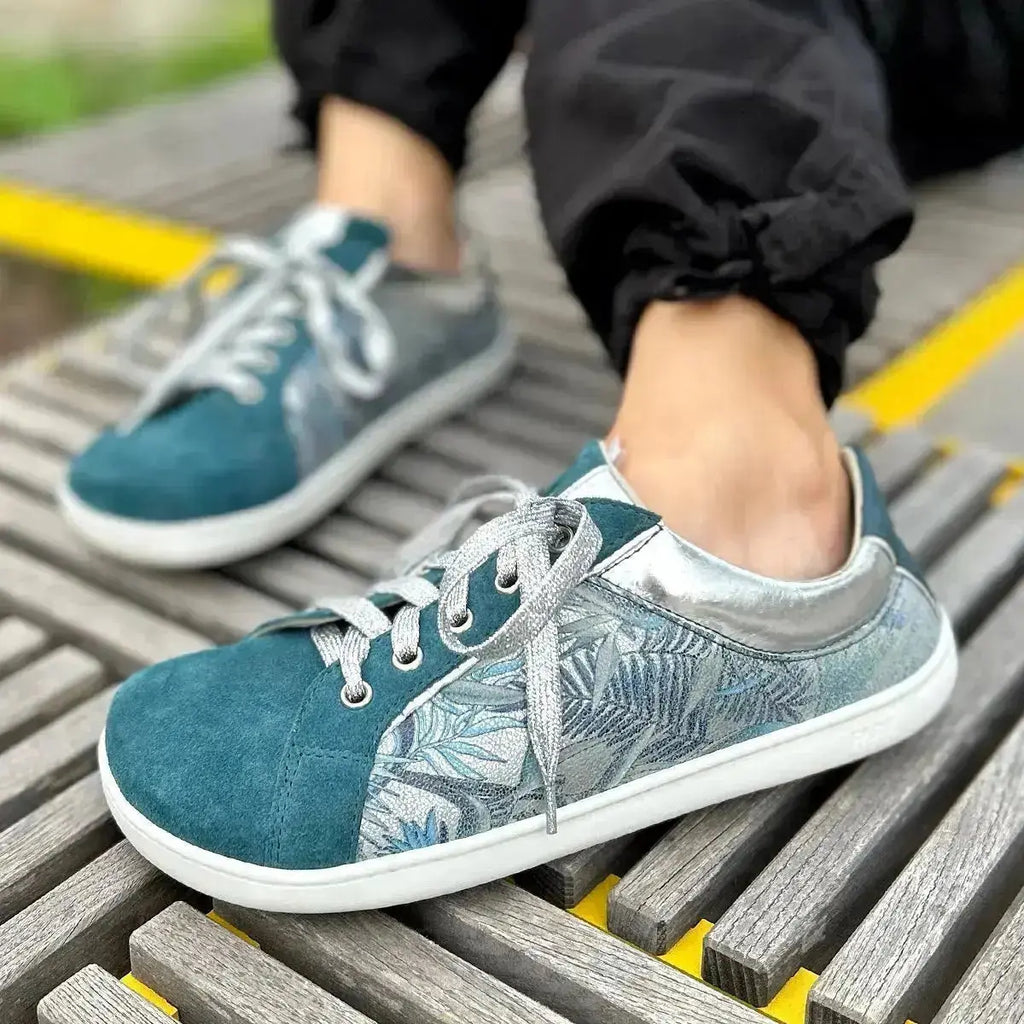 Fare Bare - Elegant Petrol Flower - Deportivas barefoot de piel