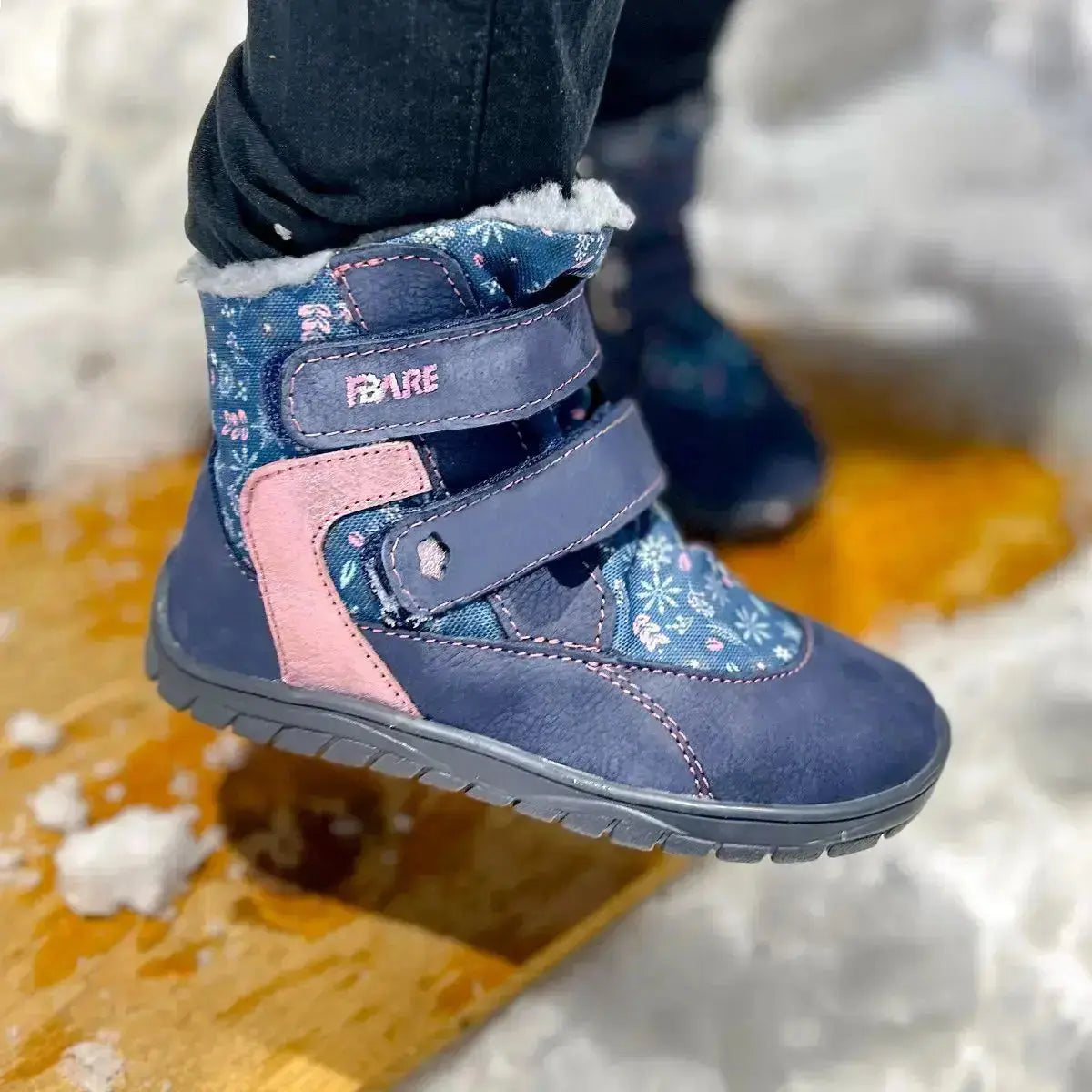 Fare Bare Kids - Frostky Hiver Imperméable Bleu/Rose - Bottines barefoot imperméables avec doublure hivernale