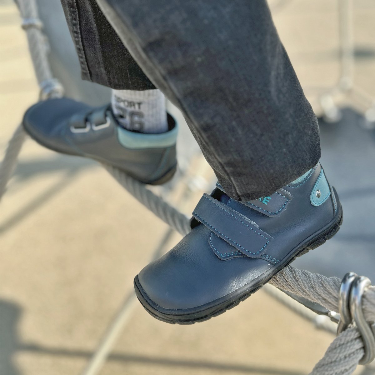 Fare Bare Kids Holeby Blue - Botines barefoot infantiles otoñales de cuero azul marino