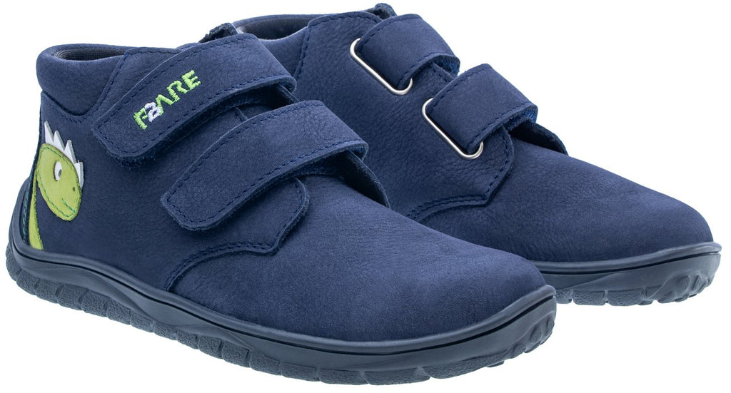 Fare Bare Kids Holeby Blue Dino - Botines barefoot infantiles otoñales de cuero azules con detalle de dinosaurios
