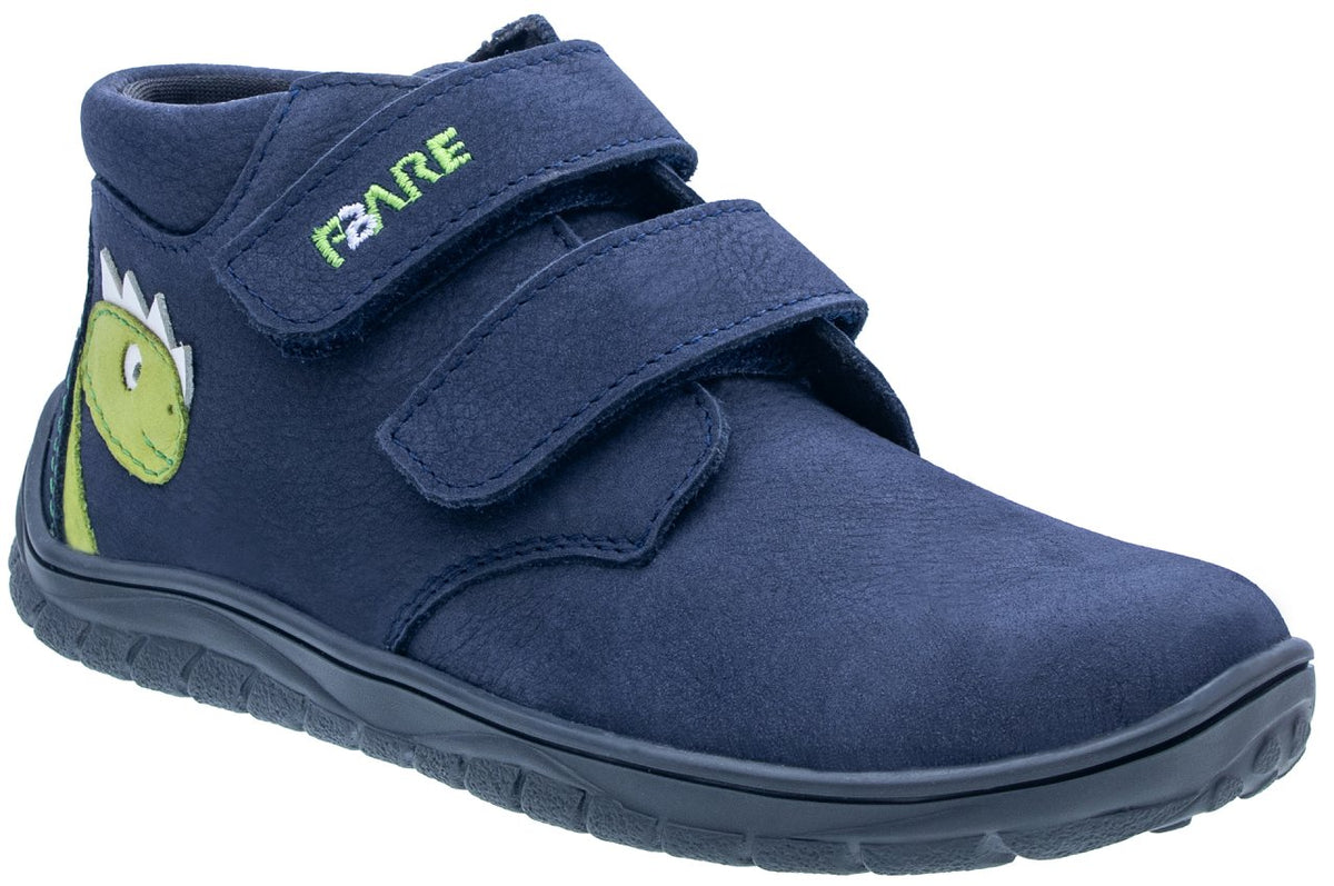 Fare Bare Kids Holeby Blue Dino - Botines barefoot infantiles otoñales de cuero azules con detalle de dinosaurios