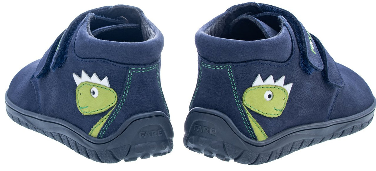 Fare Bare Kids Holeby Blue Dino - Botines barefoot infantiles otoñales de cuero azules con detalle de dinosaurios