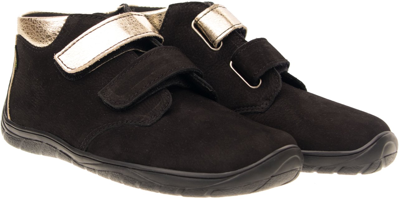 Fare Bare Kids Holeby Black - Botines barefoot infantiles otoñales de cuero negras con dorado