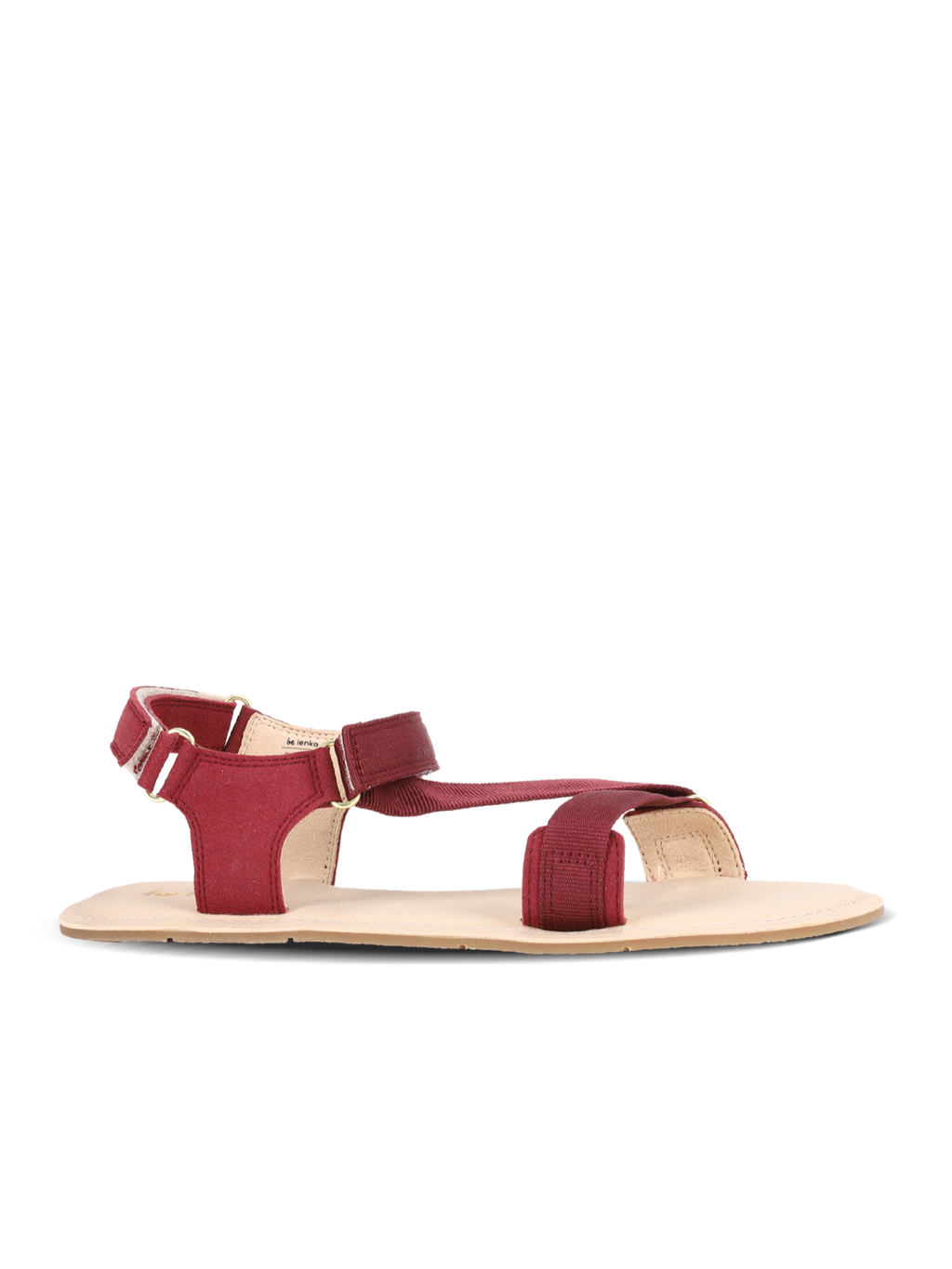 Sandalias barefoot Be Lenka Flexi 2.0 burdeos con tiras de tela y suela fina.
