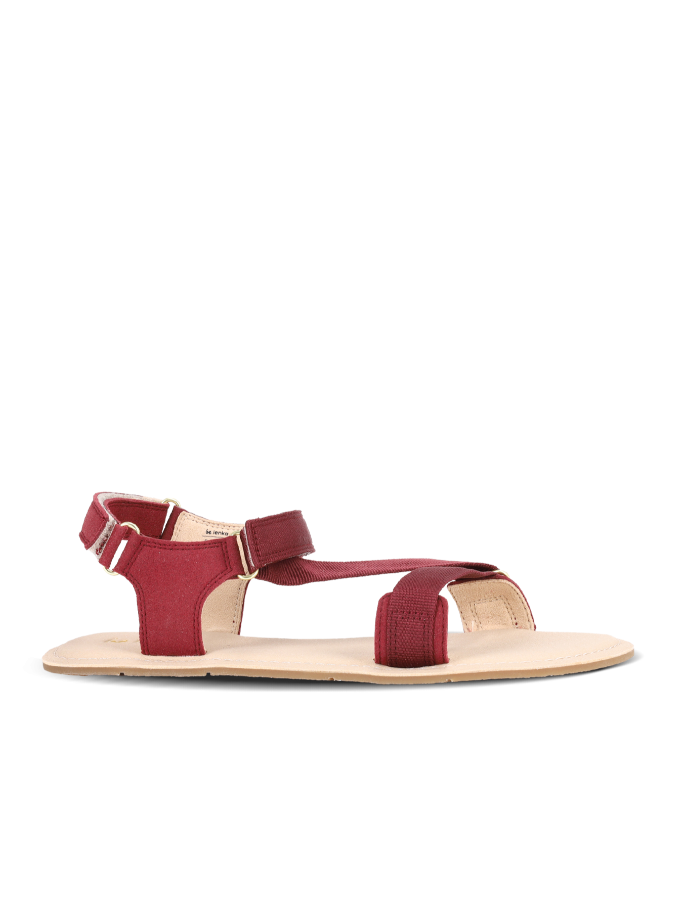 Sandalias barefoot Be Lenka Flexi 2.0 burdeos con tiras de tela y suela fina.
